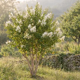 Lilas des indes 'Blanc' (Lagerstroemia indica) — arbruste fleuri aux grappes blanches dans un jardin · Photo d'illustration