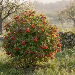 Viorne boule de neige 'Compactum' (Viburnum opulus) — arbuste arrondi couvert de grappes de baies rouges · Photo d'illustration