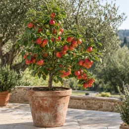 Pommier 'Nain garden sun red' (Malus domestica) — petit arbre fruitier en pot sur terrasse