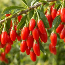 Baie de goji 'Altai' (Lycium barbarum) — grappe de baies rouges allongées avec feuillage · Photo d'illustration