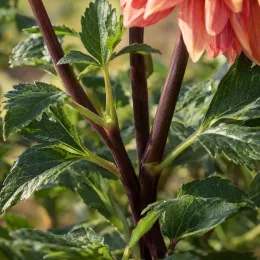 Dahlia décoratif château de la bourdaisière 'Château de la bourdaisière' (Dahlia decorativus) — tiges dressées avec feuillage découpé et fleurs · Photo d'illustration