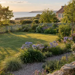 Agapanthe 'Infinity' (Agapanthus) — massif fleuri en bordure de jardin côtier · Photo d'illustration