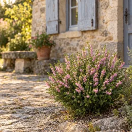 Bruyère 'Rose' (Erica darleyensis) — touffe fleurie sur terrasse en pierre devant maison