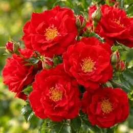 Rosier 'Guirlande fleurie' — grappe de fleurs rouges ouvertes et boutons · Photo d'illustration