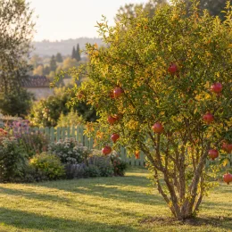 Grenadier à fruit 'Baku' (Punica granatum) — arbuste fruitier chargé de gros fruits rouges · Photo d'illustration