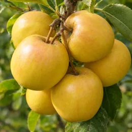 Pommier 'Nain golden sun' (Malus domestica) — gros plan de pommes jaunes sur branche feuillue