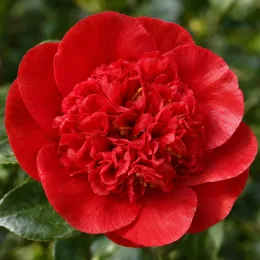 Camelia 'Volcano' (Camelia japonica) — gros plan sur grande fleur rouge double · Photo d'illustration