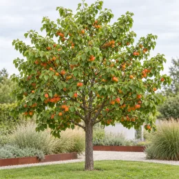 Abricotier 'Rouge tardif delbard' (Prunus armeniaca) — arbre fruitier chargé de fruits orange au jardin