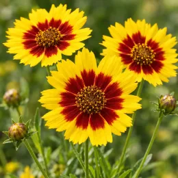 Coréopsis à grandes fleurs 'Sunfire' (Coreopsis grandiflora) — trois fleurs bicolores épanouies avec boutons autour · Photo d'illustration