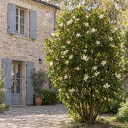 Magnolia à fleur blanc 'Fairy cream' (Michelia) — grand arbuste fleuri près d’une maison en pierre