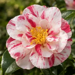 Camélia du japon 'Paul jones supreme bicolore' (Camellia japonica) — fleur bicolore ouverte en gros plan · Photo d'illustration