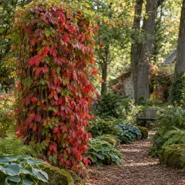 Vigne vierge (Parthenocissus quinquefolia) — liane grimpante rouge couvrant un pilier au jardin · Photo d'illustration
