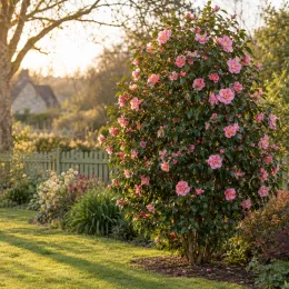 Camelia 'Donation' (Camelia japonica) — grand arbuste fleuri dans un jardin ensoleillé · Photo d'illustration