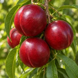 Nectarinier 'Morton' (Prunus persica) — gros plan de fruits rouges ronds brillants