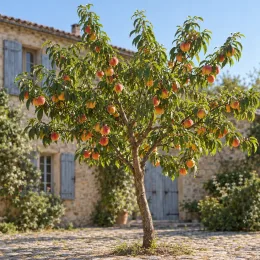 Pêcher 'J h hale' (Prunus persica) — arbre fruitier chargé de fruits colorés