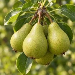 Poirier 'Garden pearl' (Pyrus communis) — gros plan de plusieurs fruits suspendus