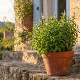 Menthe 'Mojito cocktail' (Mentha × piperita) — plante aromatique en pot sur marches en pierre · Photo d'illustration