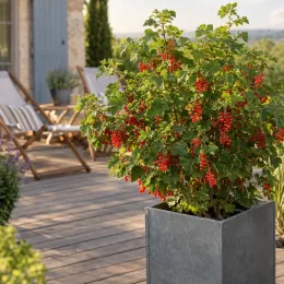 Groseillier à grappes 'Versaillaise rouge' (Ribes rubrum) — arbuste à baies rouges sur terrasse ensoleillée · Photo d'illustration