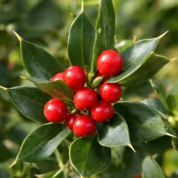 Fragon faux houx 'Aculeatus' (Ruscus) — gros plan sur baies rouges et feuilles luisantes · Photo d'illustration
