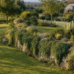 Genévrier commun 'Corielagen' (Juniperus communis) — massif de plantes retombantes sur muret de pierre