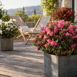 Azalée japonaise (Azalea japonica) — massif de fleurs roses en bac sur terrasse
