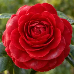 Camélia du japon 'Roger hall rouge' (Camellia japonica) — gros plan sur une fleur rouge · Photo d'illustration