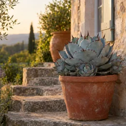Agave de parry 'Truncata red horn' (Agave parryi) — plante succulente épineuse en pot sur marches en pierre · Photo d'illustration