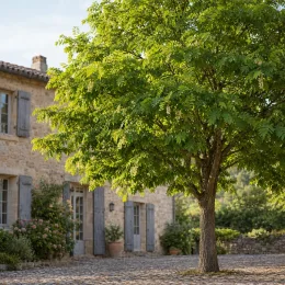 Robinier faux-acacia 'Bessoniana' (Robinia pseudoacacia) — grand arbre isolé devant maison en pierre