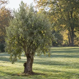 Olivier d'italie 'Ascolana terena' (Olea europaea) — arbre fruitier isolé dans une pelouse ensoleillée · Photo d'illustration