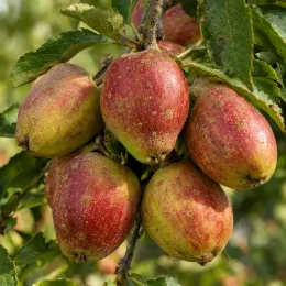 Pommier 'Aniza' (Malus domestica) — groupe de fruits ovales rouge et vert · Photo d'illustration