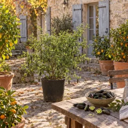 Citronnier caviar 'D'esmerald' (Citrus australasica) — arbuste en pot dans cour pavée ensoleillée