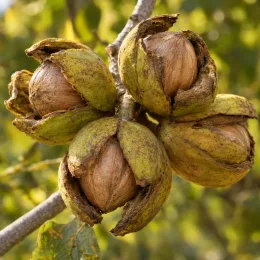 Caryer écailleux (Carya laciniosa) — gros plan de quatre noix ouvertes sur branche · Photo d'illustration