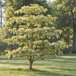 Cornouiller discuté 'Variegata' (Cornus controversa) — arbre isolé au feuillage panaché en étage · Photo d'illustration