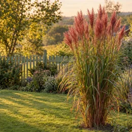 Miscanthus 'Red zenith' (Miscanthus sinensis) — grand touffe d'herbe ornementale rouge au jardin · Photo d'illustration