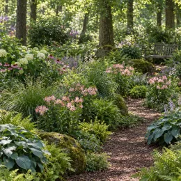 Alstroemeria 'Summer break' (Alstroemeria aurea) — massif fleuri en sous-bois le long d’allée · Photo d'illustration