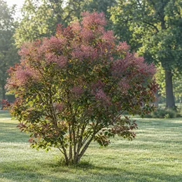 Arbre à perruque 'Flame' (Cotinus coggygria) — arbuste isolé au feuillage et bouquets vaporeux rouges · Photo d'illustration