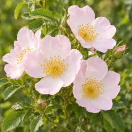 Rosier 'Inermis' (Rosa hybrida) — quatre fleurs simples pâles avec cœur jaune · Photo d'illustration