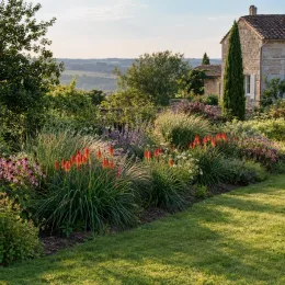 Kniphofia 'Red® tnknipr' — massif fleuri naturaliste devant maison en pierre