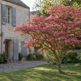 Cornouiller à fleurs américain 'Rubra' (Cornus florida) — arbre ornemental aux bractées roses devant maison · Photo d'illustration