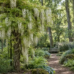 Glycine du japon 'Longissima alba' (Wisteria floribunda) — grappes de fleurs blanches retombantes dans un jardin ombragé · Photo d'illustration