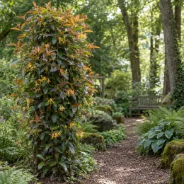 Chèvrefeuille 'Copper beauty' (Lonicera henryi) — plante grimpante jaune cuivré sur support en jardin · Photo d'illustration