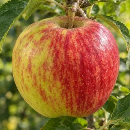 Pommier 'Grand alexandre' (Malus domestica) — gros plan sur un fruit bicolore sur l’arbre · Photo d'illustration