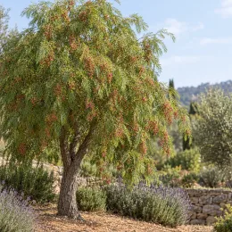 Faux poivrier (Schinus) — arbre aux nombreuses grappes de petits fruits rouges · Photo d'illustration