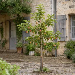Pommier 'M26' (Malus domestica) — petit arbre fruitier au centre d’une cour pavée