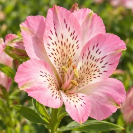 Alstroemeria 'Summer break' (Alstroemeria aurea) — fleur rose et blanche tachetée, en gros plan · Photo d'illustration