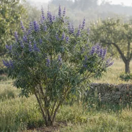 Arbre au poivre 'Delta blues' (Vitex agnus) — arbuste buissonnant couvert de longs épis fleuris violets · Photo d'illustration