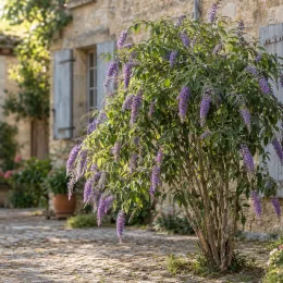 Arbre aux papillons de lindley (Buddleia lindleyana) — arbuste fleuri aux longues grappes mauves devant maison · Photo d'illustration