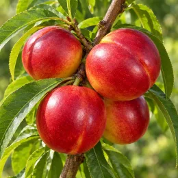 Nectarinier 'Nectared 4' (Prunus persica) — gros plan sur plusieurs fruits ronds rouges brillants · Photo d'illustration