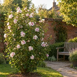 Althéa 'Starburst chiffon' (Hibiscus syriacus) — arbuste fleuri isolé près d’un banc de jardin