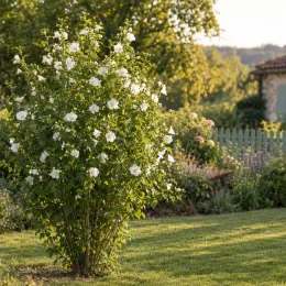 Hibiscus 'Eleonore' (Hibiscus syriacus) — arbuste fleuri isolé dans un jardin